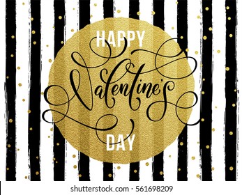 Gold Valentine Day Calligraphy Text With Vector Greeting Card On Black Watercolor Stripes Background With Golden Foil Glitter Dots.