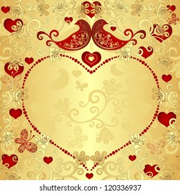Gold valentine frame with gold heart and vintage red birds and lacy butterflies (vector)