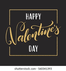 Gold Valentine's day lettering for greeting card. Vector holiday design on black background