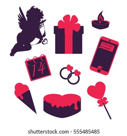 Gold valentines vector set. Vintage hipster design. Beauty love elements: cupid, candles, 14 February calendar, gift, ice cream, wedding rings, shoes, candy, smartphone.
Flat romantic icons.