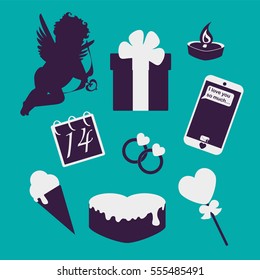 Gold valentines vector set. Vintage hipster design. Beauty love elements: cupid, candles, 14 February calendar, gift, ice cream, wedding rings, shoes, candy, smartphone. Flat romantic icons.