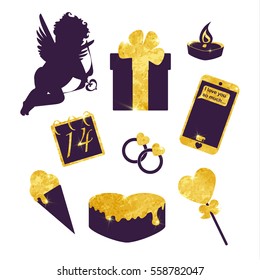 Gold valentines vector set. Vintage hipster design. Beauty love elements: cupid, candles, 14 February calendar, gift, bow and arrow, wedding rings, shoes, candy, smartphone. Flat romantic icons.