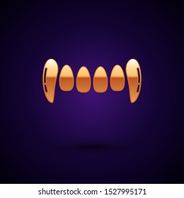 Gold Vampire teeth icon isolated on dark blue background. Happy Halloween party.  Vector Illustration