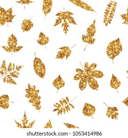 Gold various leaves on white, seamless pattern background. Golden foil confetti. Natural glitter design decoration for card, wallpaper, wrapping, textile. Vector Illustration