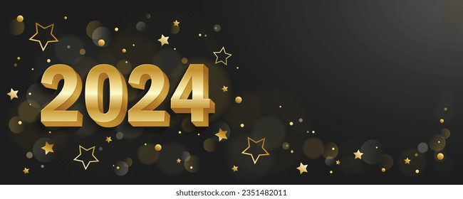 Gold vector 2024 typography with stars and bokeh on black background 