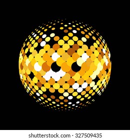 Gold vector abstract background. Abstract globe symbol, round icon, business concept. Gold dots on black background. Sparkling gold sequins on a black background