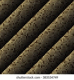 Gold vector abstract background. Golden seamless shimmer backdrop. Gold mosaic pattern. Sparkling gold sequins on a black background. Golden round pixels in halftone strip on black background