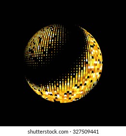 Gold vector abstract background.Vector abstract dotted globe. Gold dots on black background. Sparkling gold sequins on a black background. Disco ball background