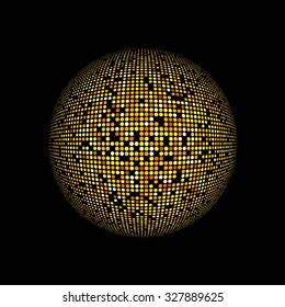 Gold vector abstract background.Vector abstract dotted globe.Halftone dots effect. Sparkling gold sequins on a black background. Disco ball background