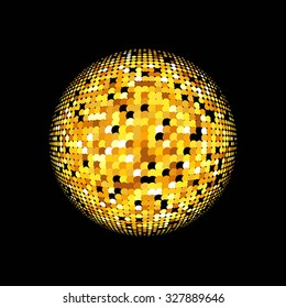 Gold vector abstract background.Vector abstract dotted globe. Gold dots on black background. Sparkling gold sequins on a black background. Disco ball background