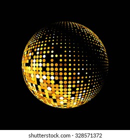 Gold vector abstract background.Vector abstract dotted globe. Gold dots on black background. Sparkling gold sequins on a black background. Disco ball background