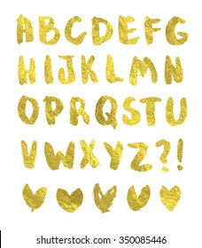Gold vector alphabet. Hand drawn letters and hearts. Glitter design elements for quote poster, greeting card, label, tag, party invitation, scrapbooking.