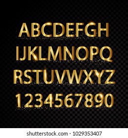 Gold vector alphabetical letters and numbers isolated on black background