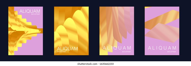 Gold Vector Background. 1990 Golden Iridescent Set of Covers. Light and Stylish Luxury Brochures. Cosmic Design Business Template. Liquid Metallic Texture Layout. Minimal Geometric Illustrations.