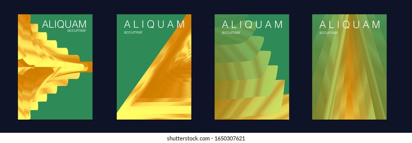 Gold Vector Background. 1990 Golden Iridescent Set of Covers. Cosmic Design Business Template. Liquid Metallic Texture Layout. Minimal Geometric Illustrations. Light and Stylish Luxury Brochures.