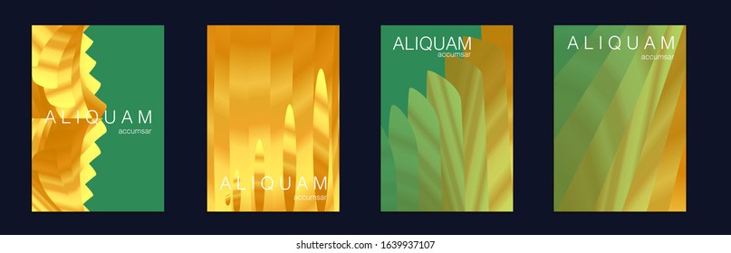 Gold Vector Background. Cosmic Design Business Template. Liquid Metallic Texture Layout. Minimal Geometric Illustrations. Light and Stylish Luxury Brochures. 1990 Golden Iridescent Set of Covers.