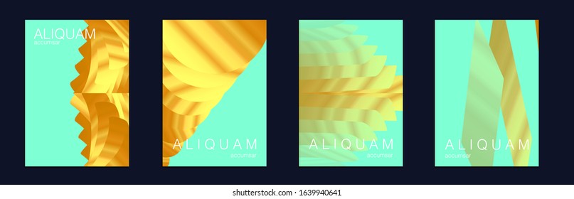 Gold Vector Background. Cosmic Design Business Template. Liquid Metallic Texture Layout. Minimal Geometric Illustrations. 1990 Golden Iridescent Set of Covers. Light and Stylish Luxury Brochures.