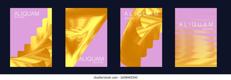 Gold Vector Background. Cosmic Design Business Template. 1990 Golden Iridescent Set of Covers. Light and Stylish Luxury Brochures. Liquid Metallic Texture Layout. Minimal Geometric Illustrations.