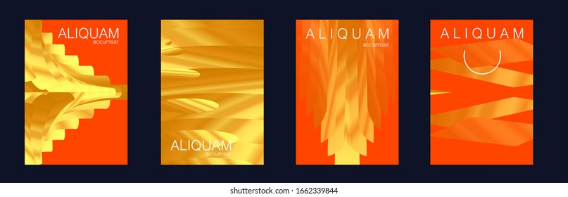 Gold Vector Background. Cosmic Design Business Template. Light and Stylish Luxury Brochures. 1990 Golden Iridescent Set of Covers. Liquid Metallic Texture Layout. Minimal Geometric Illustrations.