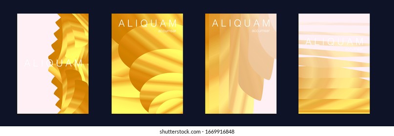 Gold Vector Background. Cosmic Design Business Template. Light and Stylish Luxury Brochures. Liquid Metallic Texture Layout. Minimal Geometric Illustrations. 1990 Golden Iridescent Set of Covers.