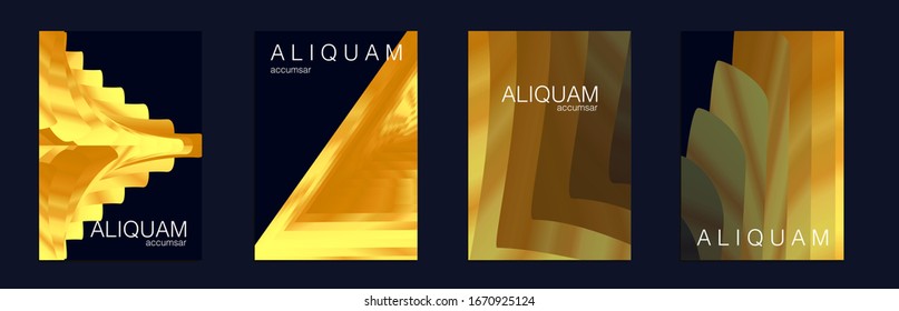 Gold Vector Background. Cosmic Design Business Template. 1990 Golden Iridescent Set of Covers. Liquid Metallic Texture Layout. Minimal Geometric Illustrations. Light and Stylish Luxury Brochures.