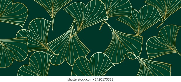 Gold vector background of green ginkgo leaves. Luxury floral art deco vector background. Golden natural botanical pattern. Vector illustration for wall decor, print, fabric.