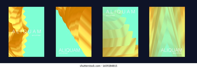 Gold Vector Background. Liquid Metallic Texture Layout. Minimal Geometric Illustrations. 1990 Golden Iridescent Set of Covers. Cosmic Design Business Template. Light and Stylish Luxury Brochures.
