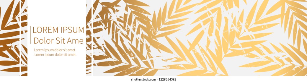 Gold vector banner design. Palm leaves and tropical leaves background. 