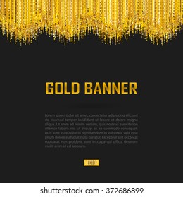 Gold vector banner on black background. Gold glitter background. Gold template background for banner, card, vip, exclusive, certificate, gift, luxury, privilege, voucher, store, present, shopping