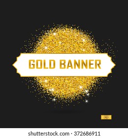 Gold vector banner on black background. Gold glitter background. Gold template background for banner, card, vip, exclusive, certificate, gift, luxury, privilege, voucher, store, present, shopping.