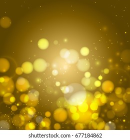 Gold vector bokeh light on golden background. Blurred glitter pattern with glowing lights