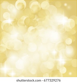 Gold vector bokeh light on golden background. Blurred glitter pattern with glowing lights
