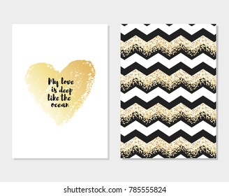 Gold vector brush paint heart with text. My love is deep like the ocean. Romantic vector illustration and geometric black and gold pattern. Vector Design  for Valentine's Day, February 14