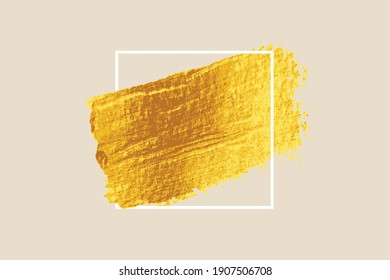 Gold vector brush, Gold paint in white square, Acrylic paint, Grunge stroke, lines, watercolor brush. Luxury design elements for banner, post, text  Vector illustration.