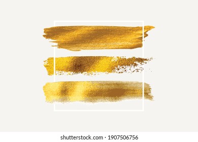 Gold vector brush, Gold paint in white square, Acrylic paint, Grunge stroke, lines, watercolor brush. Luxury design elements for banner, post, text  Vector illustration.