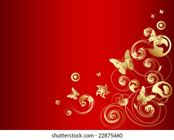 Gold vector butterfly with ornate over red background