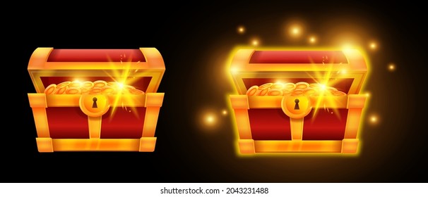 Gold Vector Chest, Pirate Coin Treasure Open Box, Glowing Money Pile Case, Game UI App Icon, Sparks. Ancient Old Trunk, Success Winner Asset, Antique Wealth Crate Abundance Concept. Gold Chest Clipart