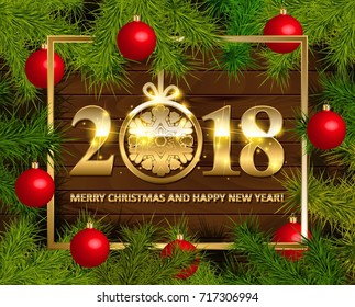 Gold Vector christmas objects and message on wooden background. Elements are layered separately in vector file. Vector illustration