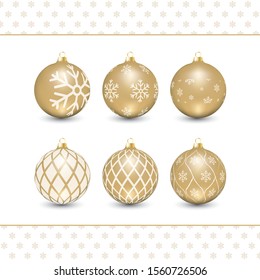 Gold vector Christmas tree ornaments with decorations in white. With snow flake patterns.