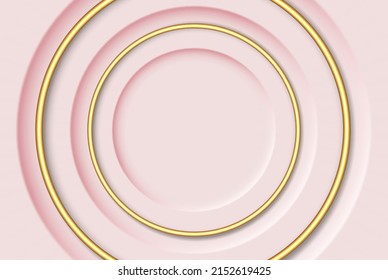 Gold vector circle lines on a light background. Geometric background of light pink circles with light and shadow.