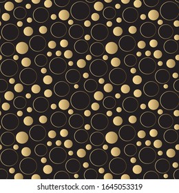 Gold vector circles, on black background, flat design style, seamless pattern, geometric print 2020