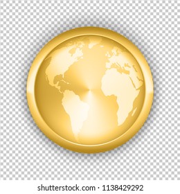 Gold vector coin with world map inside. Isolated on transparent background. Modern realistic style. High quality drop shadow. Template for web app. Button icon symbol of rich.  