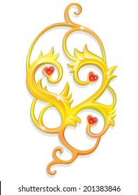Gold vector decoration with ruby hearts on white background