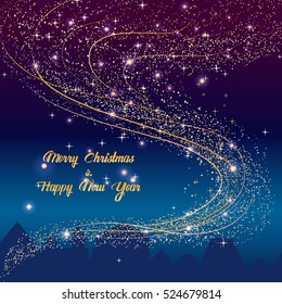 Gold vector dust wind on dark background with Merry Christmas & Happy New Year sign.