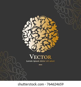Gold vector emblem. Can be used for organic products, jewelry, beauty and fashion industry. Great for logo, invitation, flyer, menu, brochure, business card, banner, background, or any desired idea.