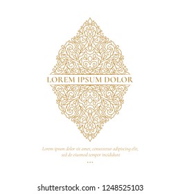 Gold vector emblem. Elegant, classic elements. Can be used for jewelry, beauty and fashion industry. Great for logo, monogram, invitation, flyer, menu, brochure, background, or any desired idea.
