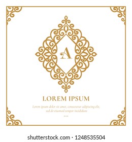 Gold vector emblem. Elegant, classic elements. Can be used for jewelry, beauty and fashion industry. Great for logo, monogram, invitation, flyer, menu, brochure, background, or any desired idea.