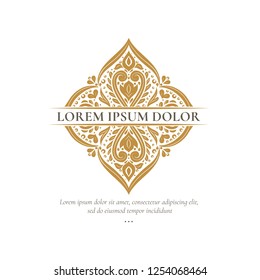 Gold vector emblem. Elegant, classic elements. Can be used for jewelry, beauty and fashion industry. Great for logo, monogram, invitation, flyer, menu, brochure, background, or any desired idea.