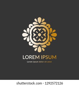 Gold vector emblem. Elegant, classic elements. Can be used for jewelry, beauty and fashion industry. Great for logo, monogram, invitation, flyer, menu, brochure, background, or any desired idea.