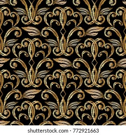 Gold vector embroidery Damask  seamless pattern. Tapestry vintage background. Antique golden floral ornaments in baroque style. Ornate damask gold flowers, scroll leaves. Embroidered grunge texture